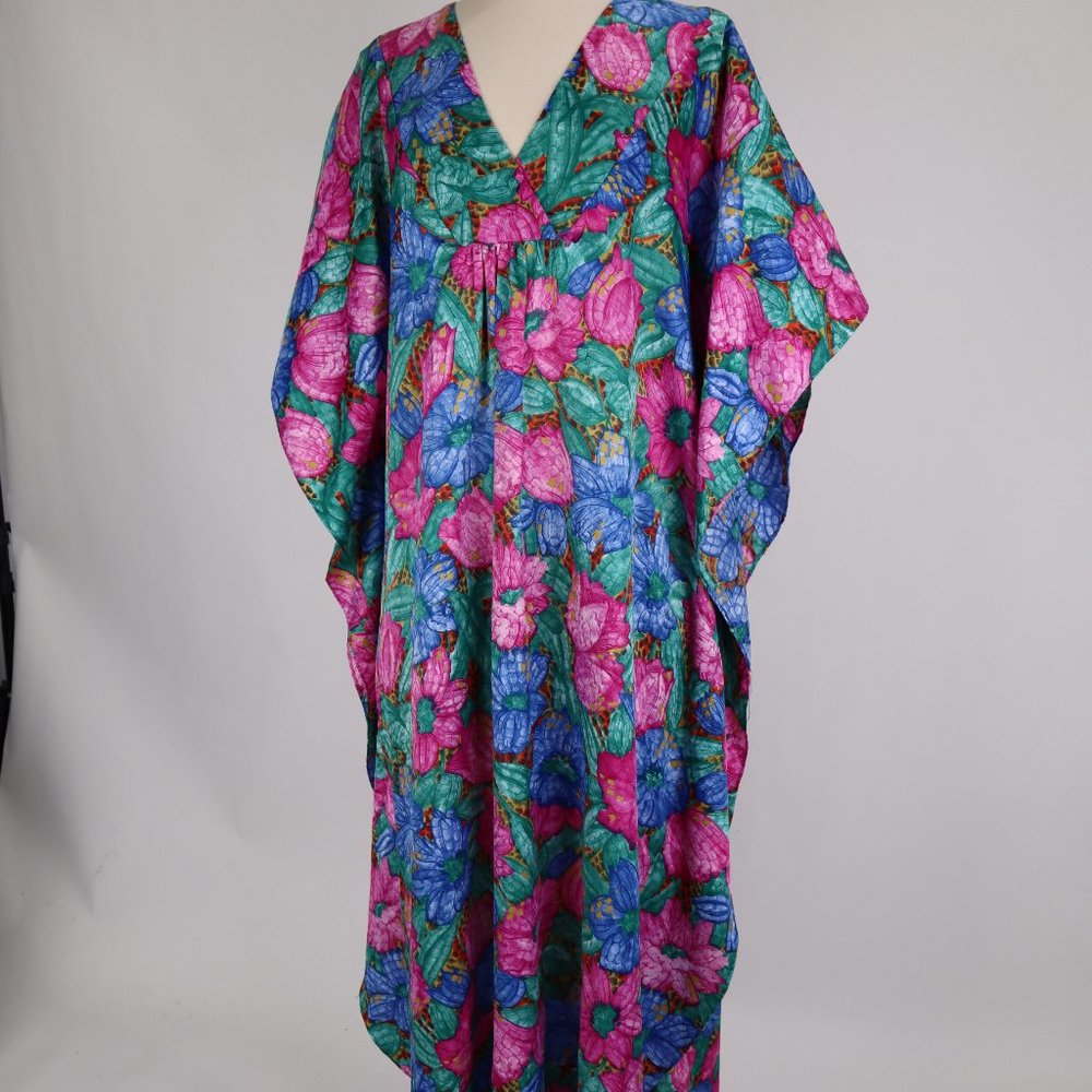 Vtg California Dynasty Floral Caftan Nightgown Lounger Hawaiian Boho Hippie L